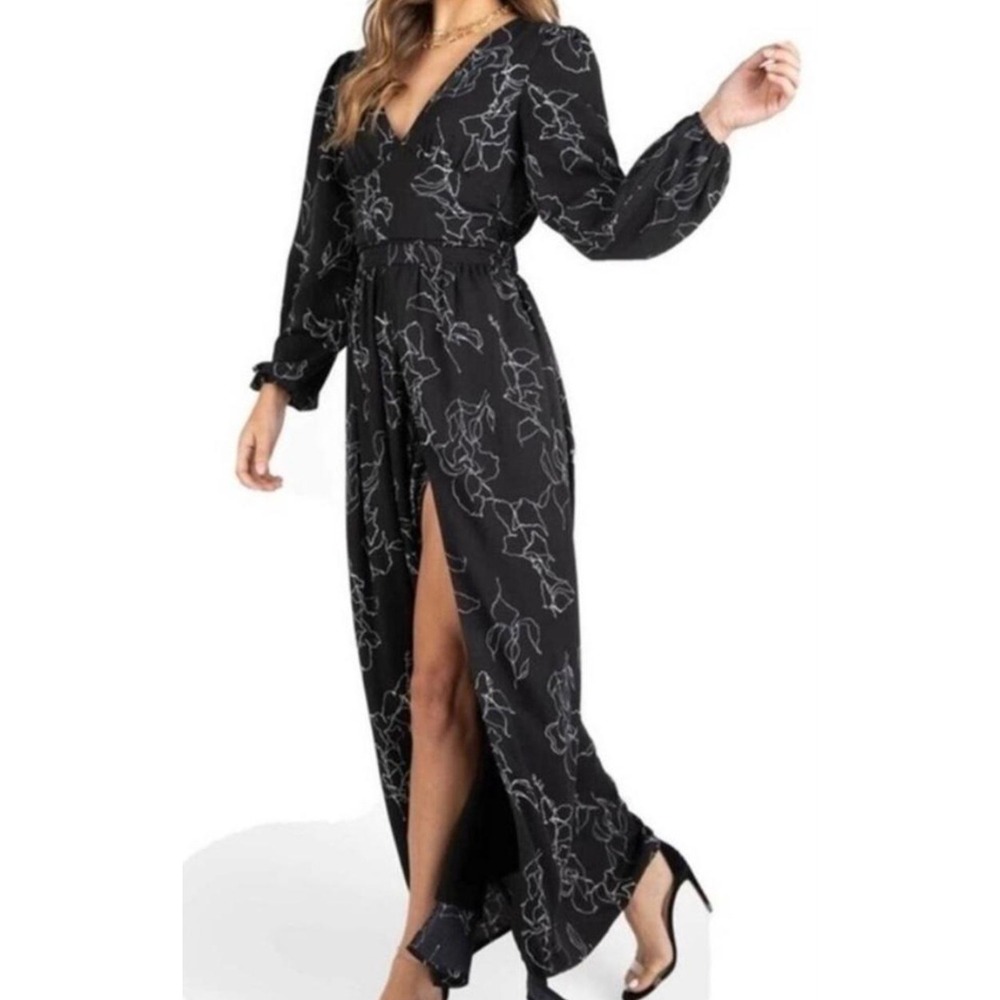 Kittenish 'Napa' Black White Floral V-Neck Maxi Dress Long Sleeve Side Slit XS